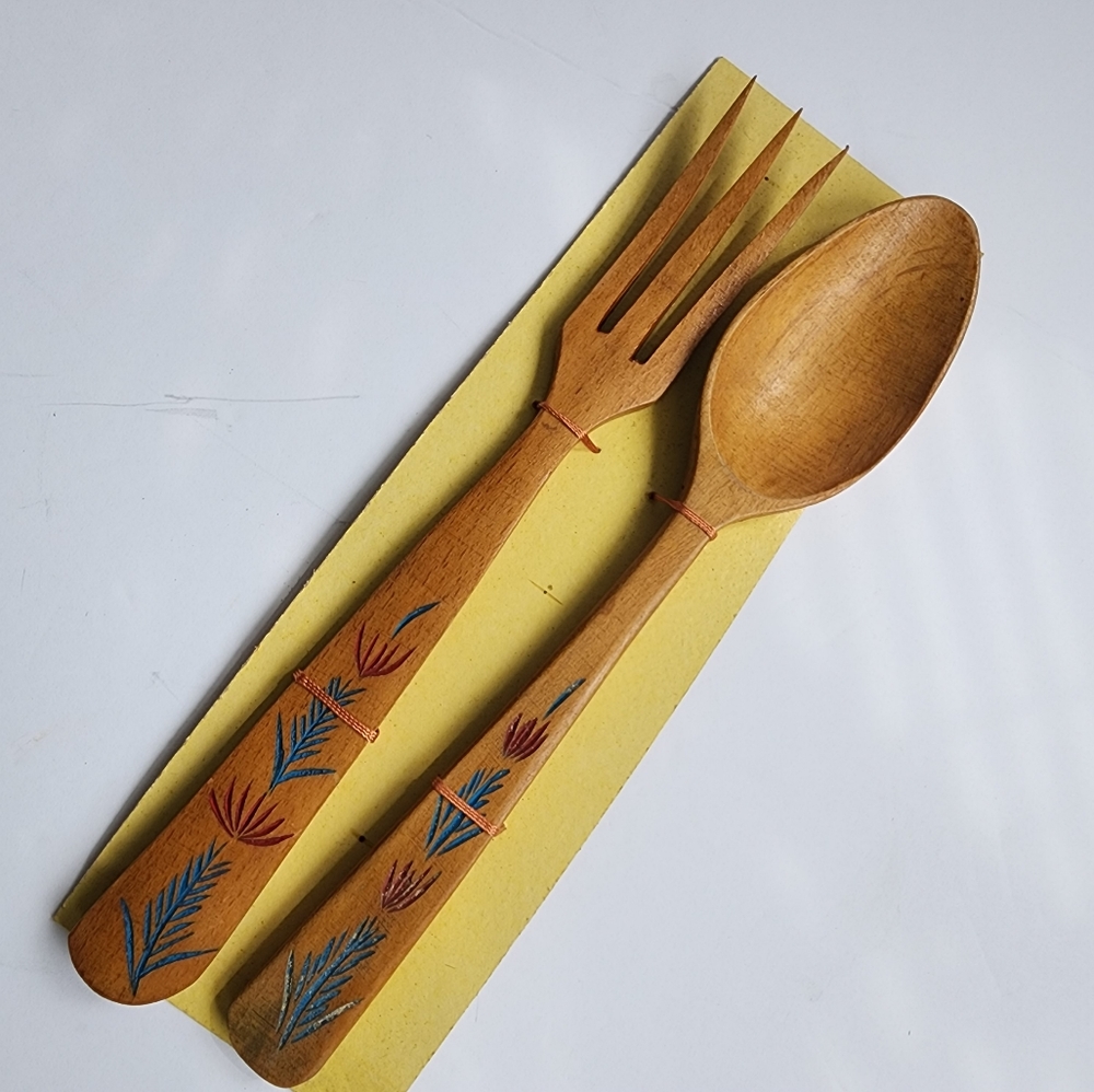 Wooden fork and spoon set vintage